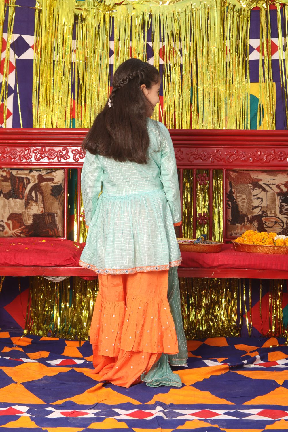 Formal 3 Piece Suit | Pure Banarsi  Viscose Checks | Sea Green & Orange | KDD-01812