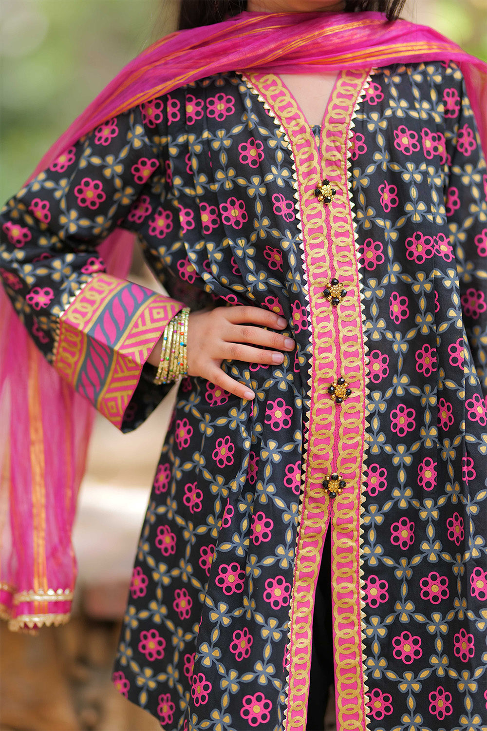 Casual Plus 3 Piece Suit | Cotton Gold Printed & Paist Lawn | Black & Multicolor | KBD-02022