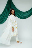Women Casual Dress | White & Gold | Casual Plus 3 Piece Suit | Cotton Lawn Glitter Print | LBD-03518