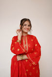 Girls Eid Dress | Red & Glitter | Casual Plus 3 Piece Suit  | Cotton Glitter Printed | GBD-03442