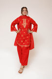 Girls Eid Dress | Red & Glitter | Casual Plus 3 Piece Suit  | Cotton Glitter Printed | GBD-03442