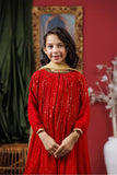 Kids formal clothes | Red & Gold | Formal 3 Piece Suit | Viscose Crinkle Chiffon | KDD-03068