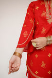 Girls Eid Dress | Red & Glitter | Casual Plus 3 Piece Suit  | Cotton Glitter Printed | GBD-03442
