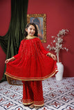 Kids formal clothes | Red & Gold | Formal 3 Piece Suit | Viscose Crinkle Chiffon | KDD-03068