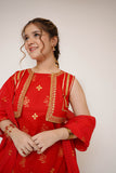 Girls Eid Dress | Red & Glitter | Casual Plus 3 Piece Suit  | Cotton Glitter Printed | GBD-03412