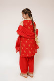 Girls Eid Dress | Red & Glitter | Casual Plus 3 Piece Suit  | Cotton Glitter Printed | GBD-03412