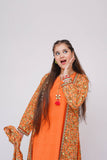 Girls Winter Dress | Orange & Multicolor | Casual 3 Piece Suit  | Cotton Khaddar Printed | GAD-03632
