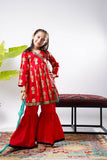 Kids Eid Dress | Red & Multicolor | Casul Plus 3 Piece suit | Cotton Gold Print Lawn | KBD-03142