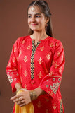 Girls Eid Dress | Red & Multicolor | Casual Plus 3 Piece Suit  | Cotton Lawn Gold Printed | GBD-03185