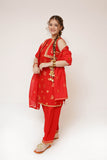 Girls Eid Dress | Red & Glitter | Casual Plus 3 Piece Suit  | Cotton Glitter Printed | GBD-03412