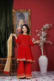 Kids formal clothes | Red & Gold | Formal 3 Piece Suit | Viscose Crinkle Chiffon | KDD-03068