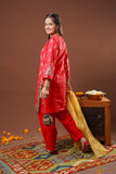 Girls Eid Dress | Red & Multicolor | Casual Plus 3 Piece Suit  | Cotton Lawn Gold Printed | GBD-03185