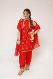 Girls Eid Dress | Red & Glitter | Casual Plus 3 Piece Suit  | Cotton Glitter Printed | GBD-03412
