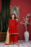 Kids formal clothes | Red & Gold | Formal 3 Piece Suit | Viscose Crinkle Chiffon | KDD-03068