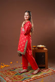 Girls Eid Dress | Red & Multicolor | Casual Plus 3 Piece Suit  | Cotton Lawn Gold Printed | GBD-03185
