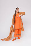 Girls Winter Dress | Orange & Multicolor | Casual 3 Piece Suit  | Cotton Khaddar Printed | GAD-03632