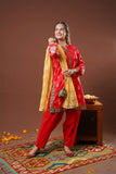 Girls Eid Dress | Red & Multicolor | Casual Plus 3 Piece Suit  | Cotton Lawn Gold Printed | GBD-03185