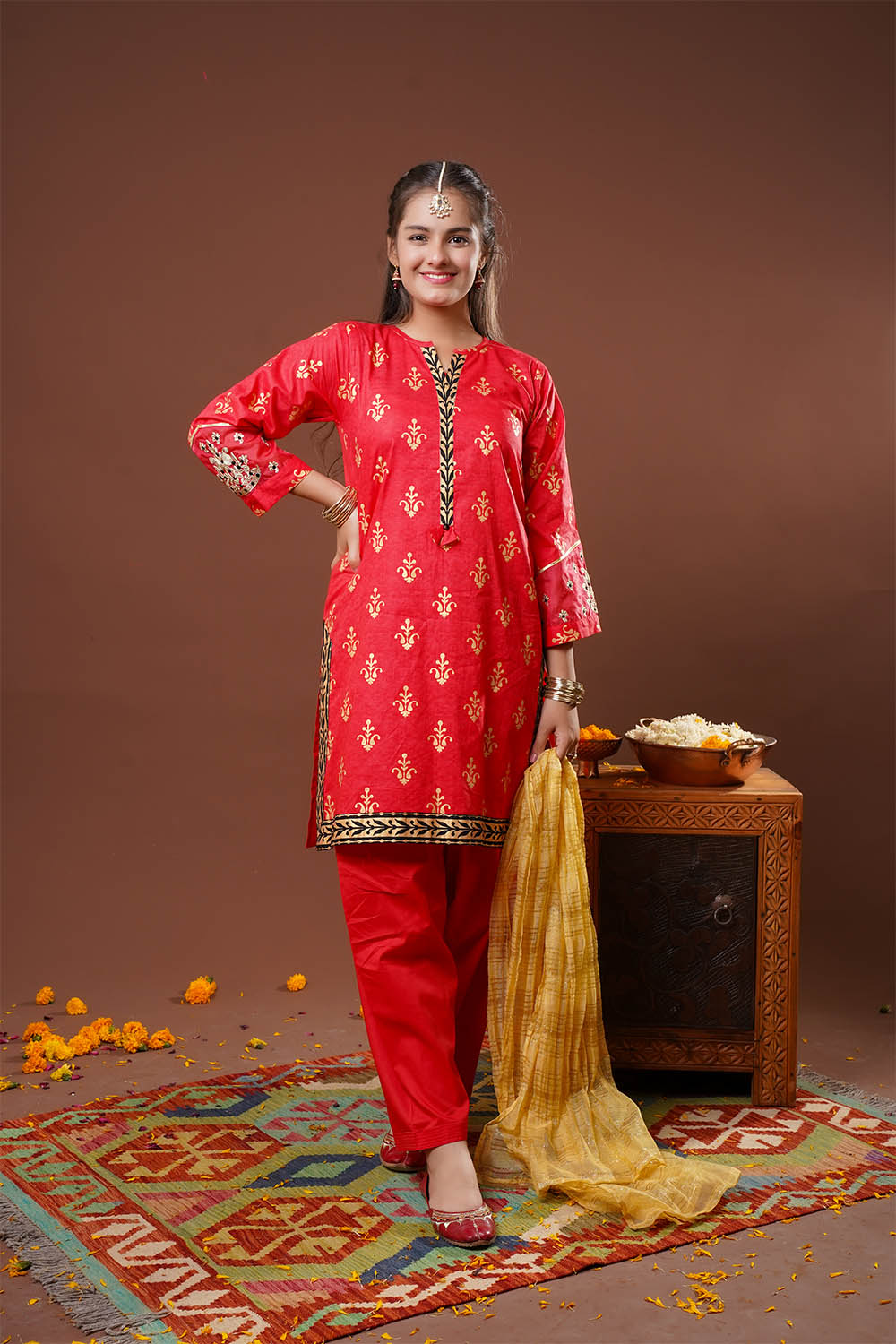 Girls Eid Dress | Red & Multicolor | Casual Plus 3 Piece Suit