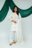 Women Casual Dress | White & Gold | Casual Plus 3 Piece Suit | Cotton Lawn Glitter Print | LBD-03517