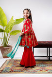 Kids Eid Dress | Red & Multicolor | Casul Plus 3 Piece suit | Cotton Gold Print Lawn | KBD-03142