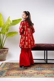 Kids Eid Dress | Red & Multicolor | Casul Plus 3 Piece suit | Cotton Gold Print Lawn | KBD-03142
