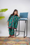 Kids Eid Dress | Green & Multicolor | Casual Plus 2 Piece Suit | Cotton Lawn Printed | KAC-03322