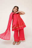 Kids Eid Dress | Shocking Pink & Gold  | Casual Plus 3 Piece Suit | Cotton Dobby | KBD-03458