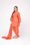 Girls Winter Dress | Orange & Multicolor | Casual 3 Piece Suit  | Cotton Masuri Karandi | GAD-03609