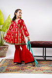 Kids Eid Dress | Red & Multicolor | Casul Plus 3 Piece suit | Cotton Gold Print Lawn | KBD-03142
