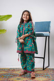 Kids Eid Dress | Green & Multicolor | Casual Plus 2 Piece Suit | Cotton Lawn Printed | KAC-03322