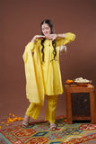 Girls Eid Dress | Yellow & Gold | Casual Plus 3 Piece Suit  | Cotton Jacquard Masuri | GBD-03318