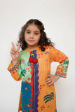 Kids Casual Dress | Mustard & Multicolor | Casual 2 Piece Suit | Cotton Lawn Digital Printed | KAC-03469