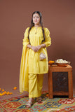Girls Eid Dress | Yellow & Gold | Casual Plus 3 Piece Suit  | Cotton Jacquard Masuri | GBD-03318