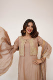 Women Casual Dress | Brown & Gold | Casual Plus 3 Piece Suit | Cotton Plain with Banarsi Borders | LBD-03454