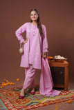 Girls Eid Dress | Pink & Gold | Casual Plus 3 Piece Suit  | Cotton Jacquard Masuri | GBD-03317