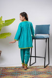 Kids Eid Dress | S.Green & Multicolor | Casual 2 Piece Suit | Cotton Plain Cambric | KAC-03263