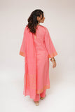 Women Casual Dress | T.Pink & Gold | Casual Plus 3 Piece Suit | Cotton Plain with Banarsi Borders | LBD-03451