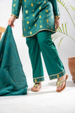 Girls Eid Dress | Green & Gold | Casual Plus 3 Piece Suit  | Cotton Glitter Printed | GBD-03392