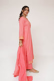 Women Casual Dress | T.Pink & Gold | Casual Plus 3 Piece Suit | Cotton Plain with Banarsi Borders | LBD-03451