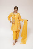 Girls Eid Dress | Mustard & Multicolor | Casual 3 Piece Suit | Cotton Plain Embroidery | GAD-03415