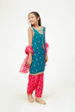 Kids formal dress | Tarqvise Green &MultiColor  | formal 3 Piece suit | Polyester Crinkle Chiffon | KDD-03546