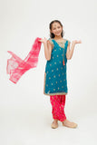 Kids formal dress | Tarqvise Green &MultiColor  | formal 3 Piece suit | Polyester Crinkle Chiffon | KDD-03546