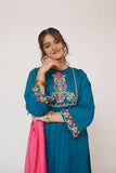Girls Casual Dress | T.Blue & Multicolor | Casual 3 Piece Suit  | Cotton Plain Embroidery | GAD-03413