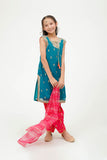 Kids formal dress | Tarqvise Green &MultiColor  | formal 3 Piece suit | Polyester Crinkle Chiffon | KDD-03546