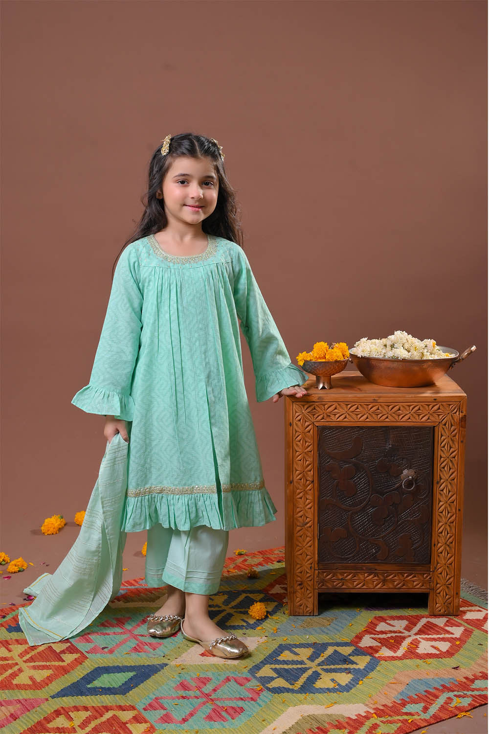 Kids Eid Dress | S.Green & Gold | Casual Plus 3 Piece Suit