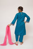 Girls Casual Dress | T.Blue & Multicolor | Casual 3 Piece Suit  | Cotton Plain Embroidery | GAD-03413
