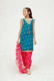 Kids formal dress | Tarqvise Green &MultiColor  | formal 3 Piece suit | Polyester Crinkle Chiffon | KDD-03546