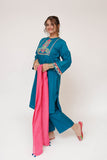 Girls Casual Dress | T.Blue & Multicolor | Casual 3 Piece Suit  | Cotton Plain Embroidery | GAD-03413