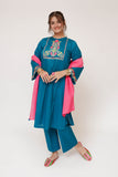 Girls Casual Dress | T.Blue & Multicolor | Casual 3 Piece Suit  | Cotton Plain Embroidery | GAD-03413