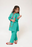 Kids Casual Dress | T.Green & Multicolor | Casual 2 Piece Suit | Cotton Plain Embroidery | KAC-03431